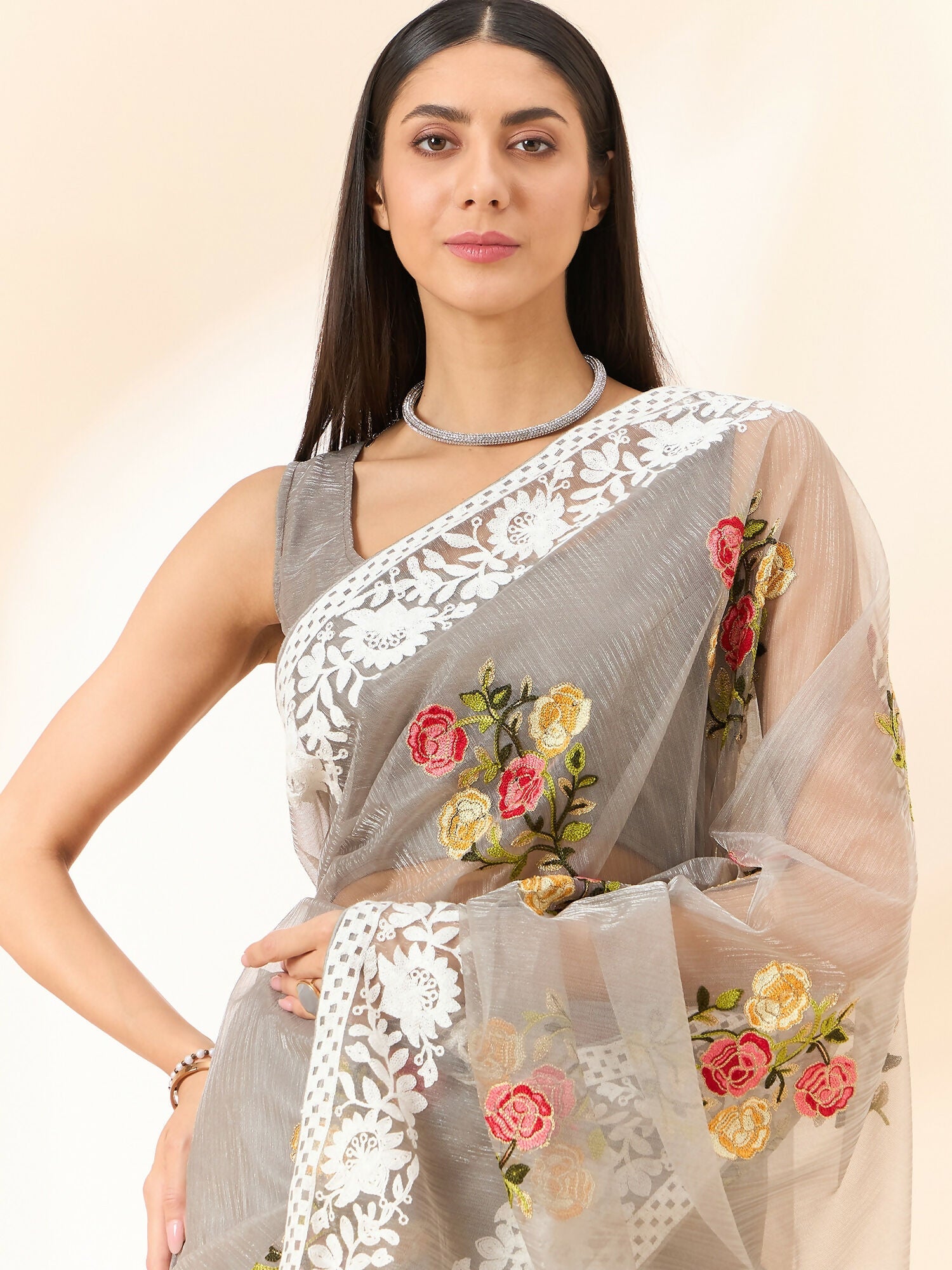 Grey Organza Floral Embroidered Saree with Unstitched Blouse Piece - Roozal