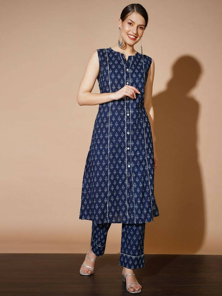 Myshka Women Blue Printed Kurta & Trousers