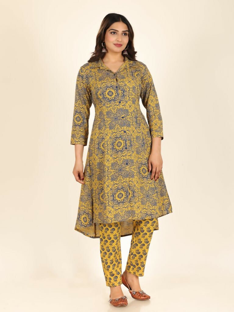 Aramya High Low Rayon Geometric Print Women's Kurta - Yellow