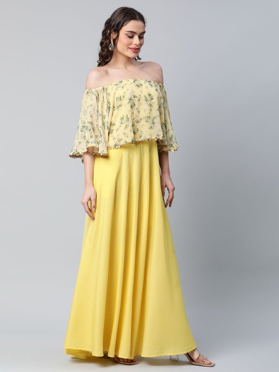 Ahalyaa Women Crepe Printed Yellow Dress