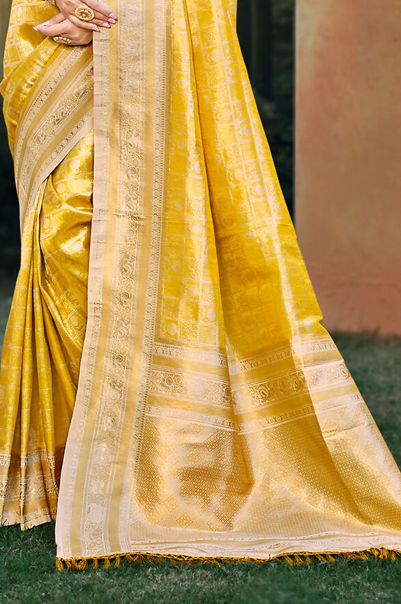 Sangam Prints Yellow Kanjivaram Silk Woven Work Traditional Saree