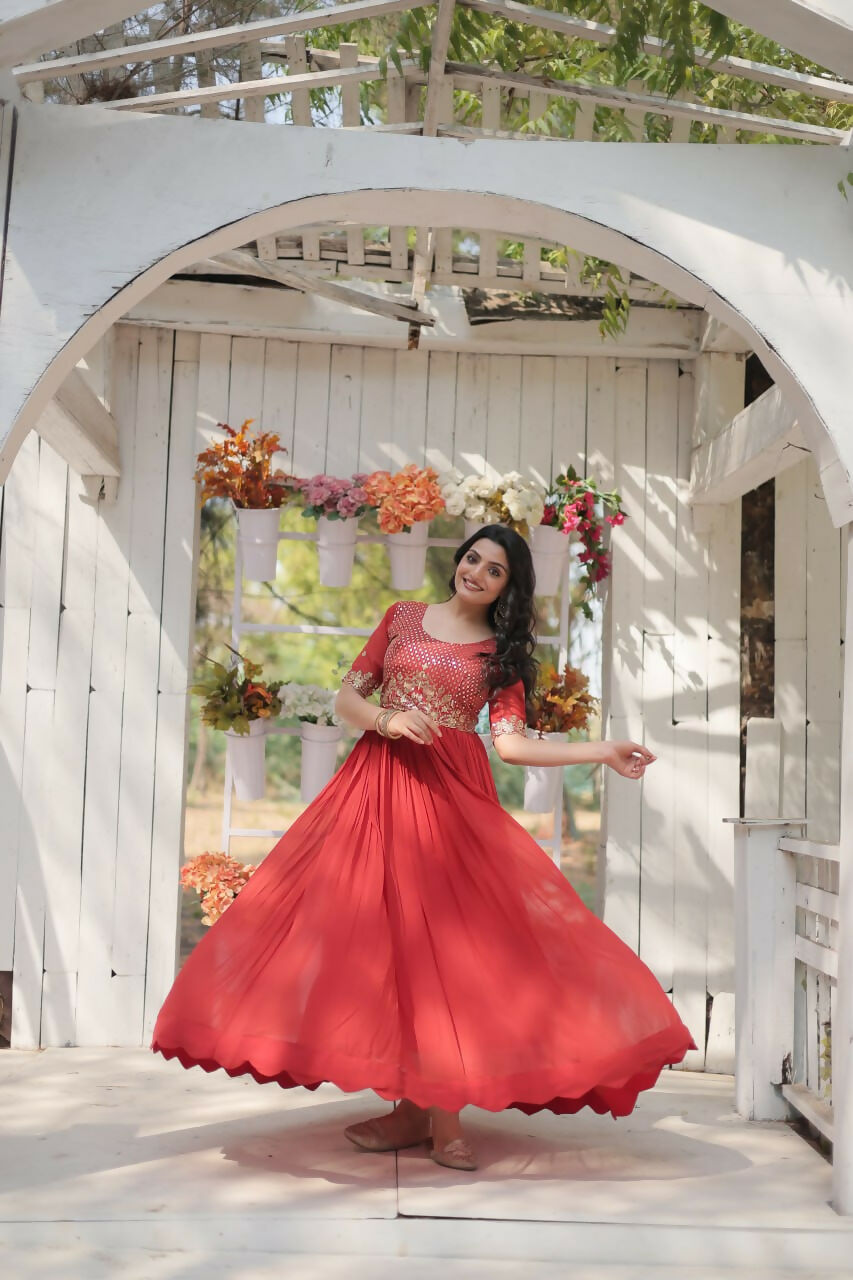 Vastranavya Faux Blooming with Embroidery Zari Sequins-work Gown - Orange
