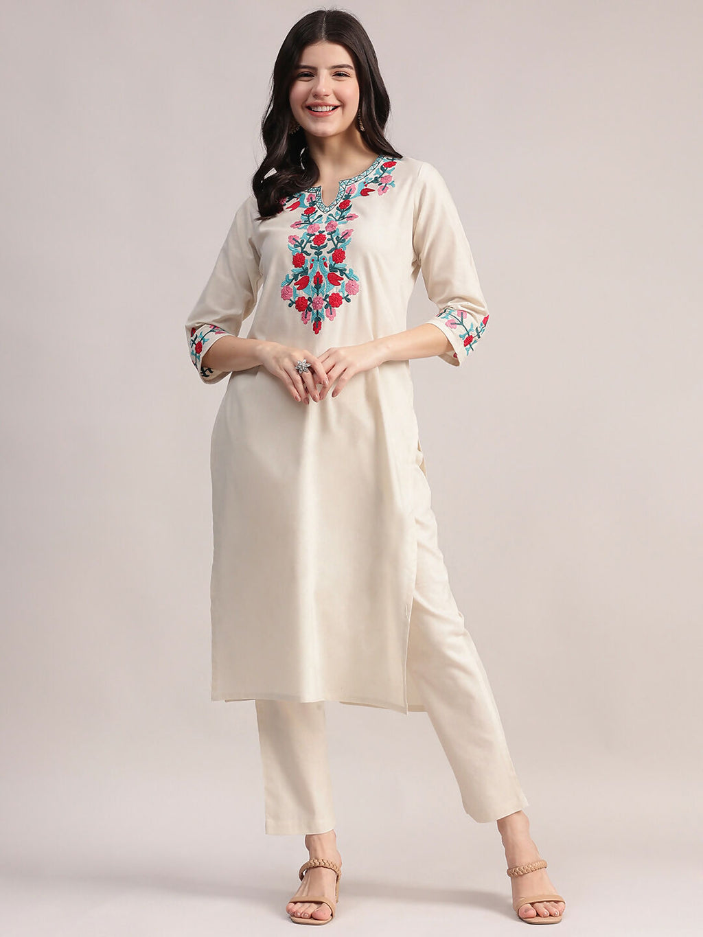 Aavyora Women's Off-White Embroidered Cotton Flex Co-Ord Set