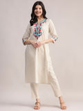 Aavyora Women's Off-White Embroidered Cotton Flex Co-Ord Set