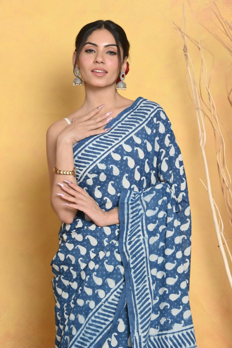 Very Much Indian Handblock Printed Cotton Saree With Natural Dyes - Blue