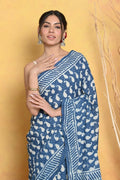 Very Much Indian Handblock Printed Cotton Saree With Natural Dyes - Blue