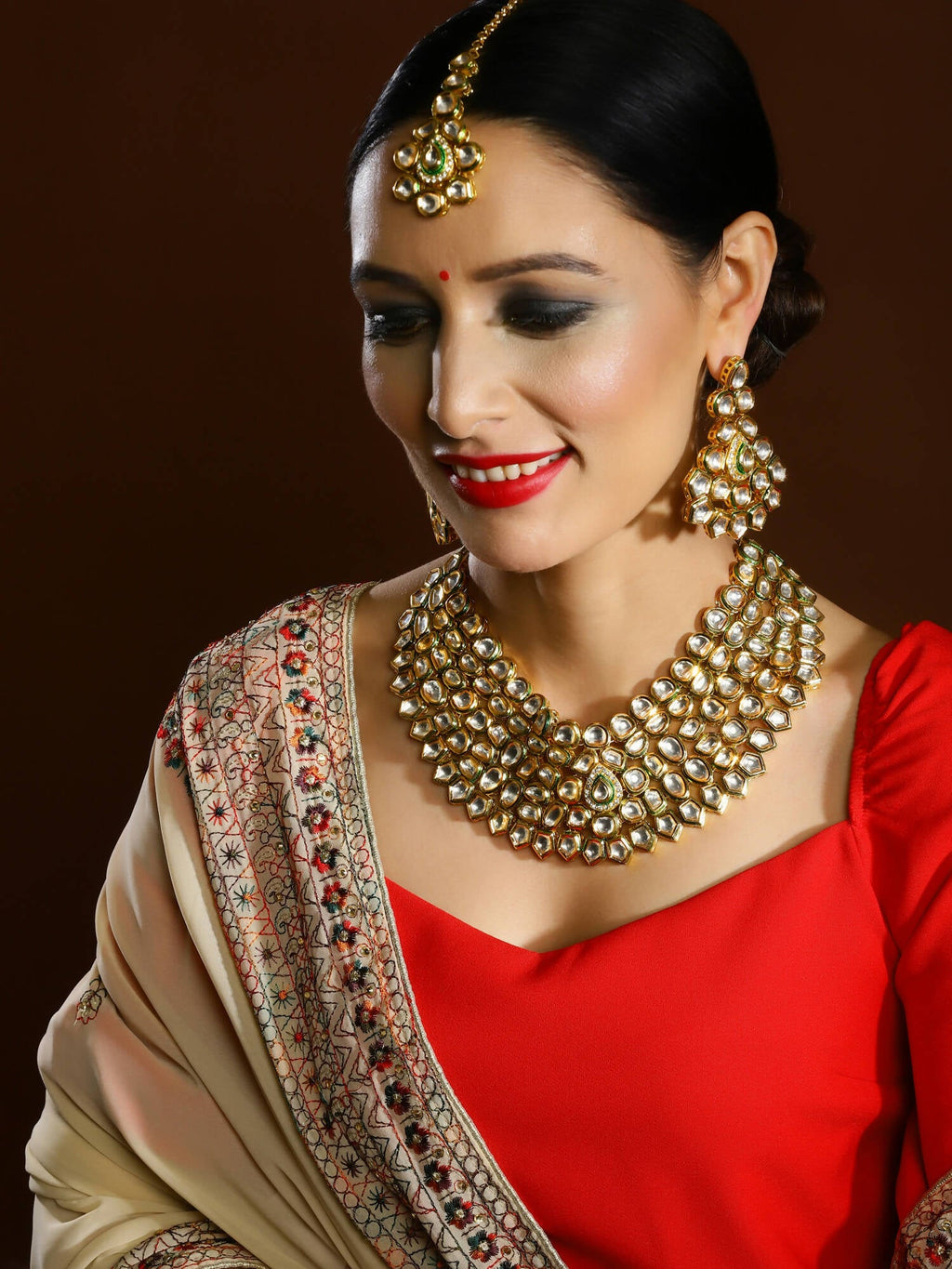 Gold-Polished Maharani Kundan Neckpiece With Earrings And Maang Tikka - Ruby Raang