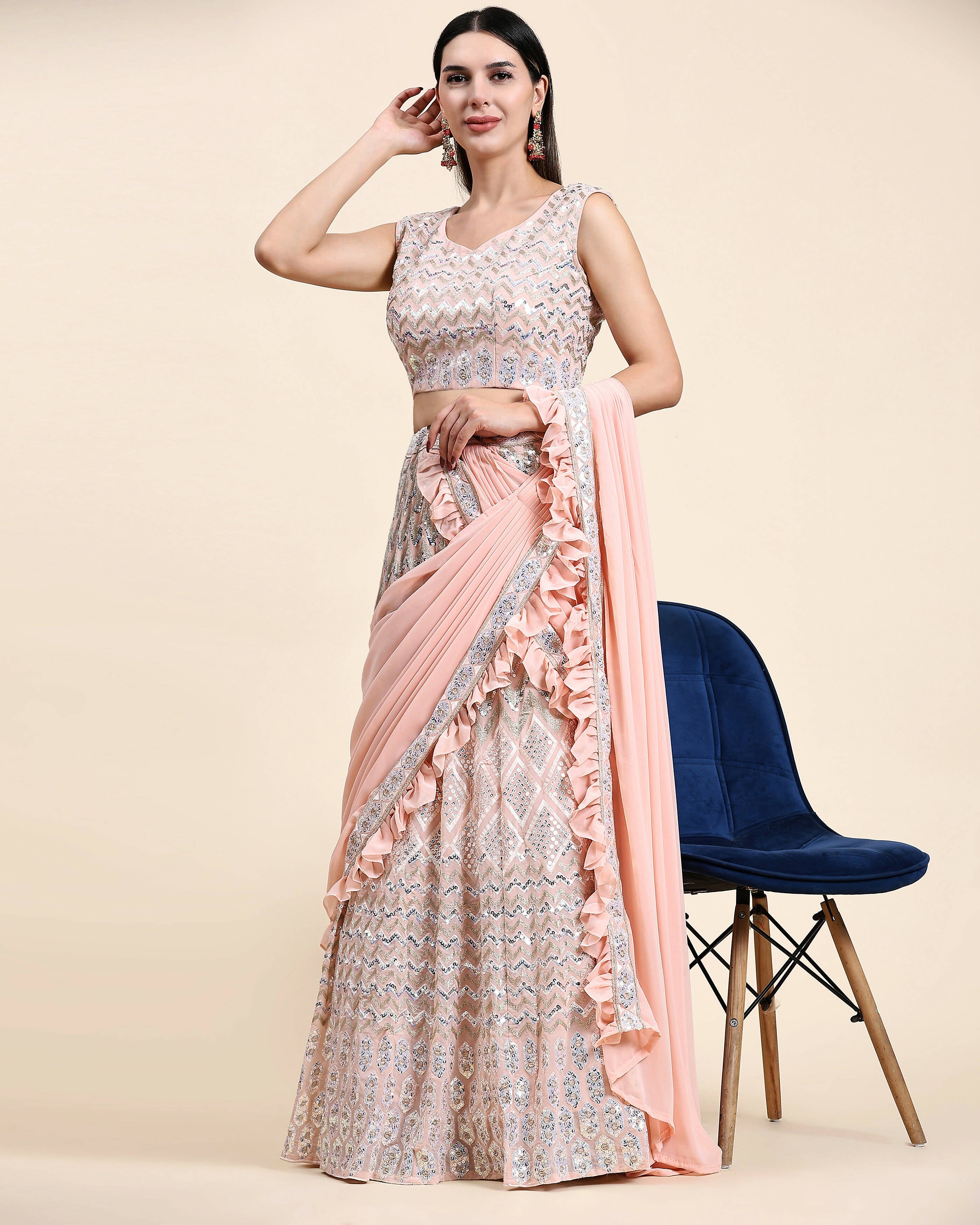 Peach Pure Viscose Georgette Thread With Sequins Embroidery Work Lehenga Choli With Dupatta - Tanya