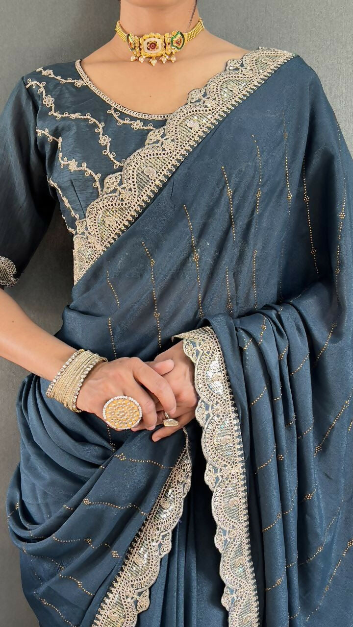 Vastranavya Sea Blue Georgette Silk Swarovski & Heavy Lace Work Ready to Wear Saree