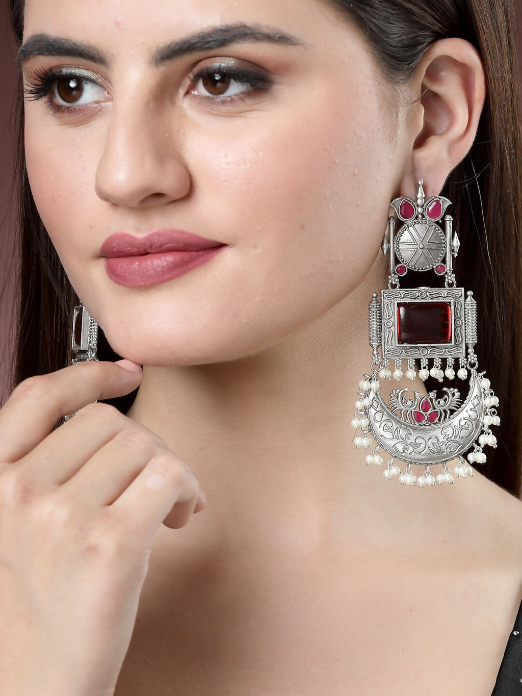 NVR Women's Silver-Plated Artificial Stones and Beads Chandbali Earrings