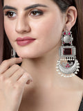 NVR Women's Silver-Plated Artificial Stones and Beads Chandbali Earrings