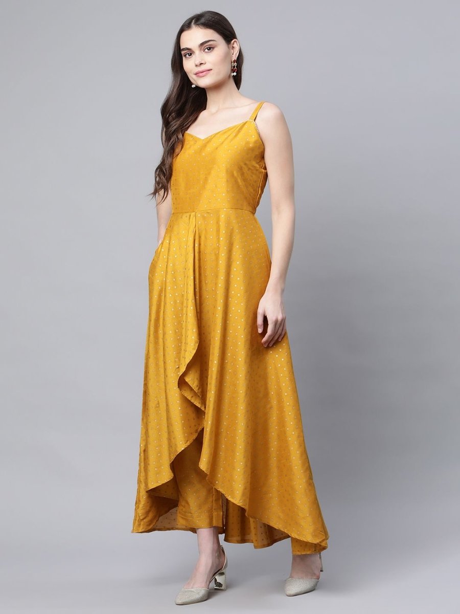 Ahalyaa Women Mustard Poly Silk Gold-Toned Printed Kurta With Trousers