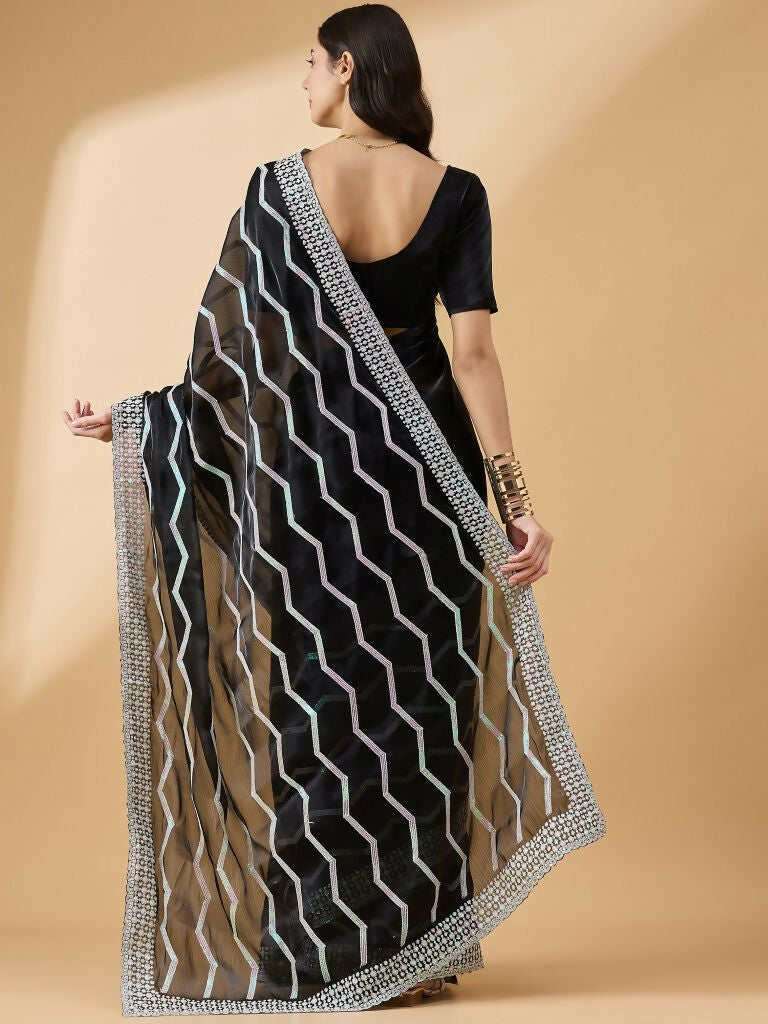 Black Tissue Slub Embroidered Saree with Unstitched Blouse - Vairagi