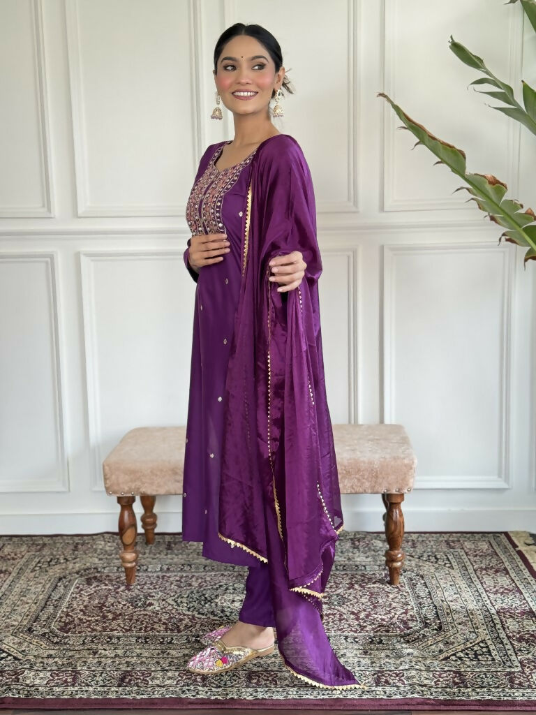 Purple Rayon Slub Stitched Suit With Dupatta - Tanisha