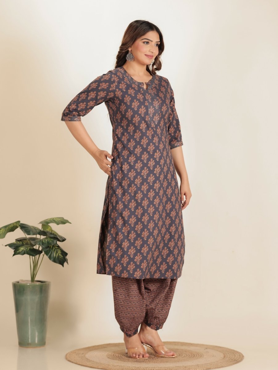 Aramya Straight Soft Cotton Floral Print Women's Kurta Set - Grey