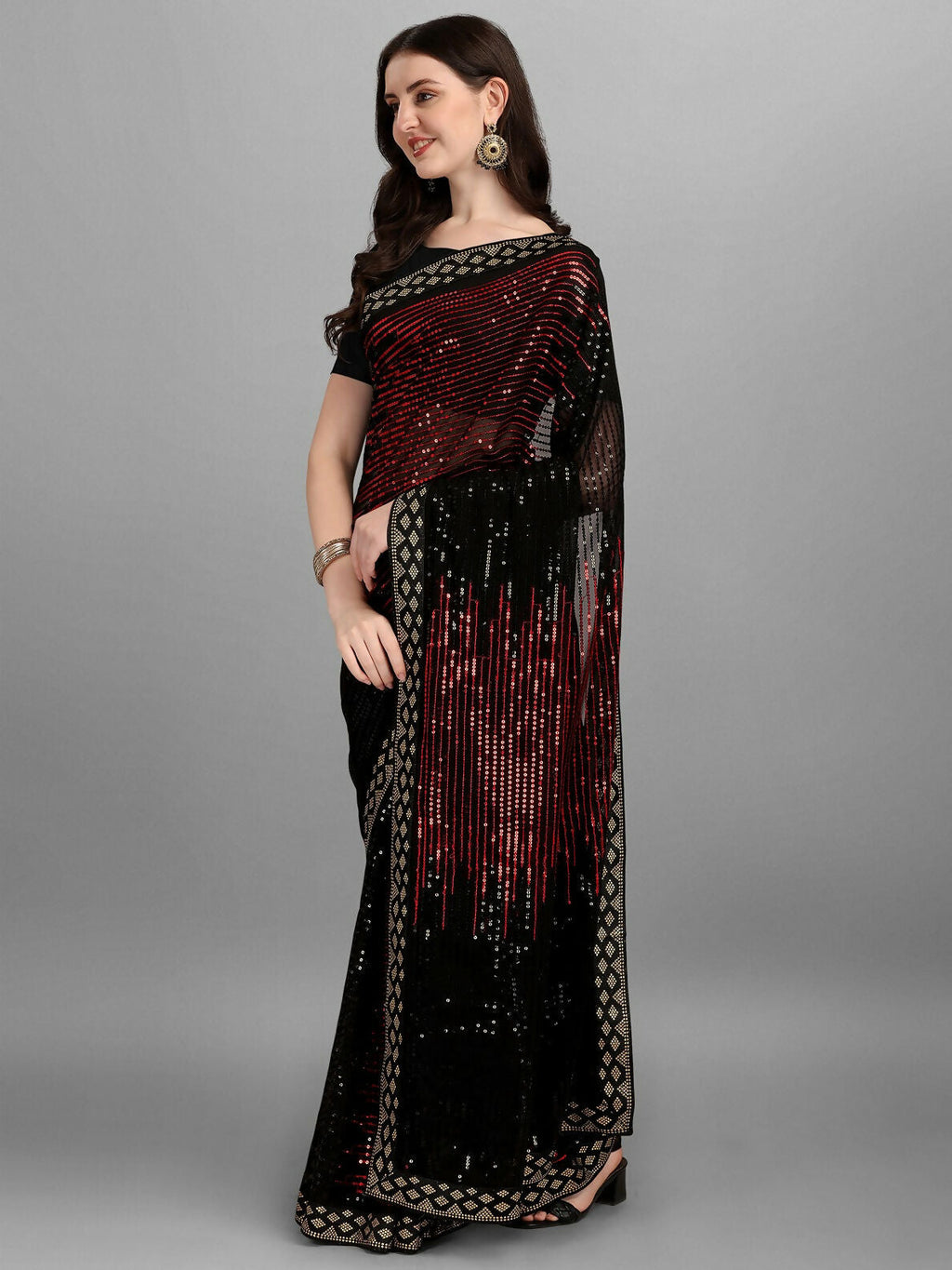 Vegaa Fashion Black Georgette Embroidered Party Wear Saree