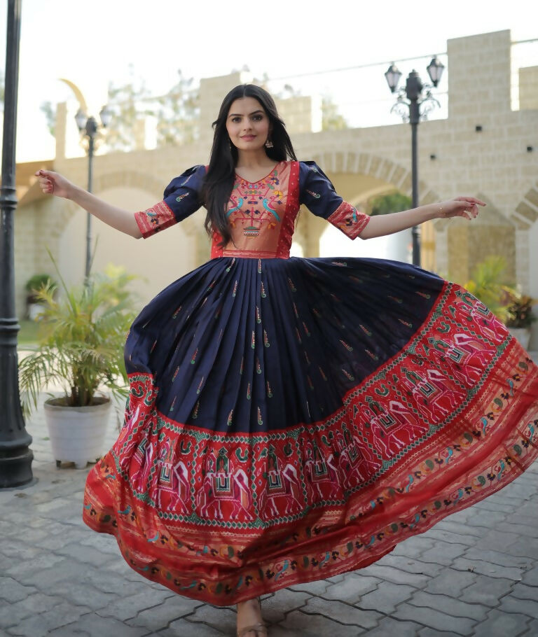 Jyoti Fashion Women's Navy Blue Patola with Foil Print Dola Silk Anarkali Dress
