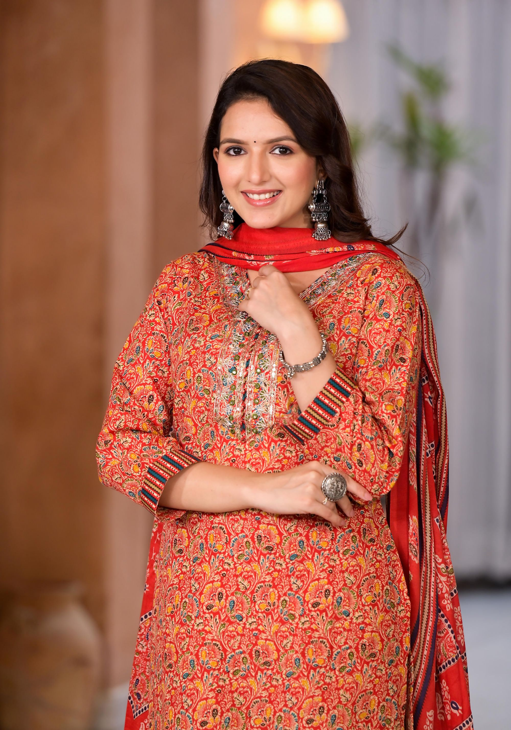 Juniper Women's Red Cotton Ethnic Motif Printed Kurta Set With Sequins & Thread Work