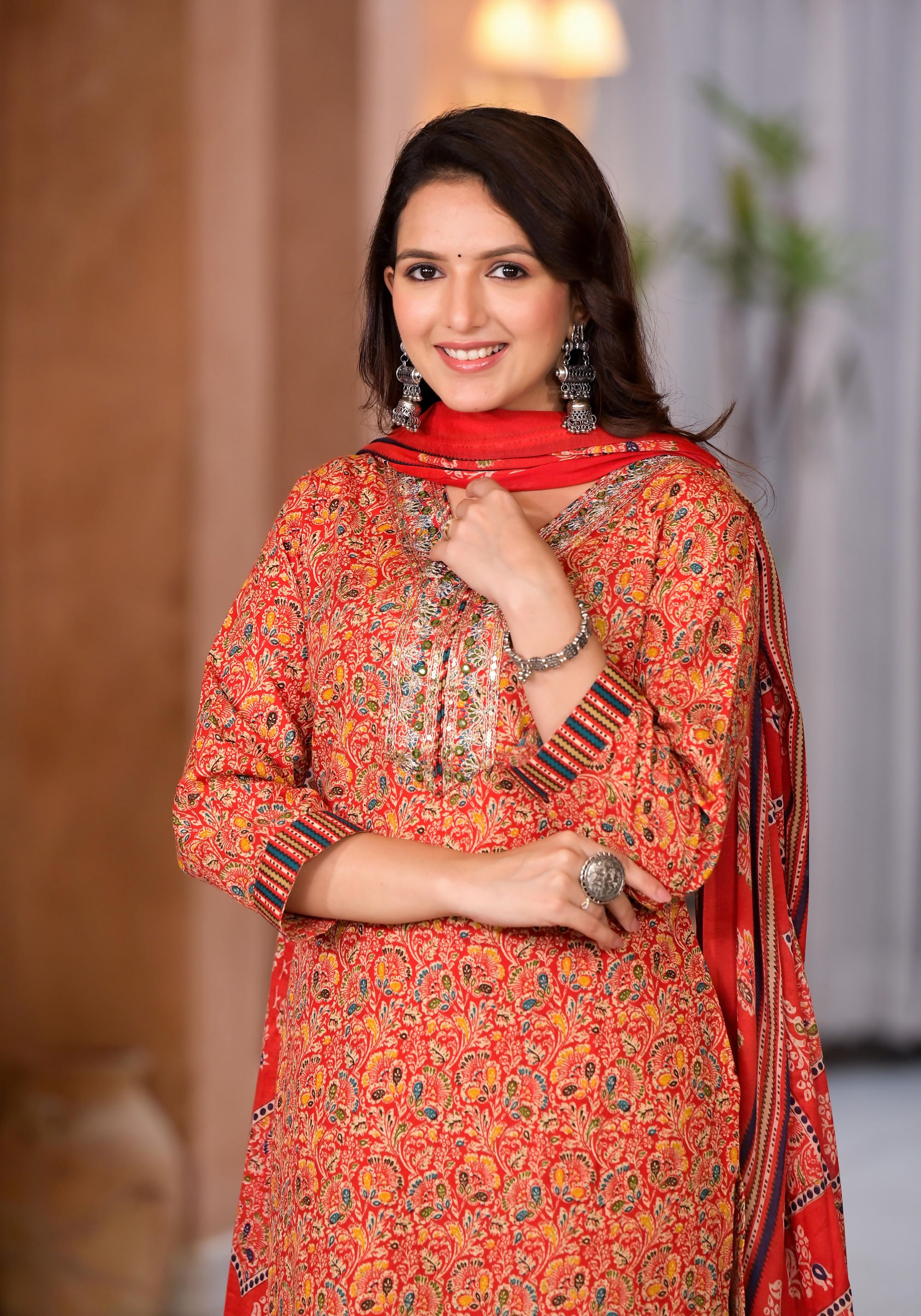 Juniper Women's Red Cotton Ethnic Motif Printed Kurta Set With Sequins & Thread Work