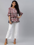Yufta Women Red & White Bell Sleeve Layered Handblock Ethnic Motifs Print Regular Top