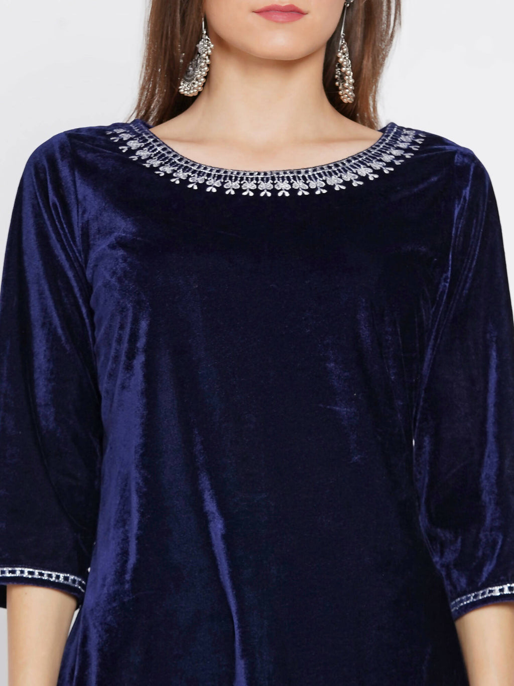 Women Republic Navy Blue Velvet Embroidered Kurta With Bellbottom Pants