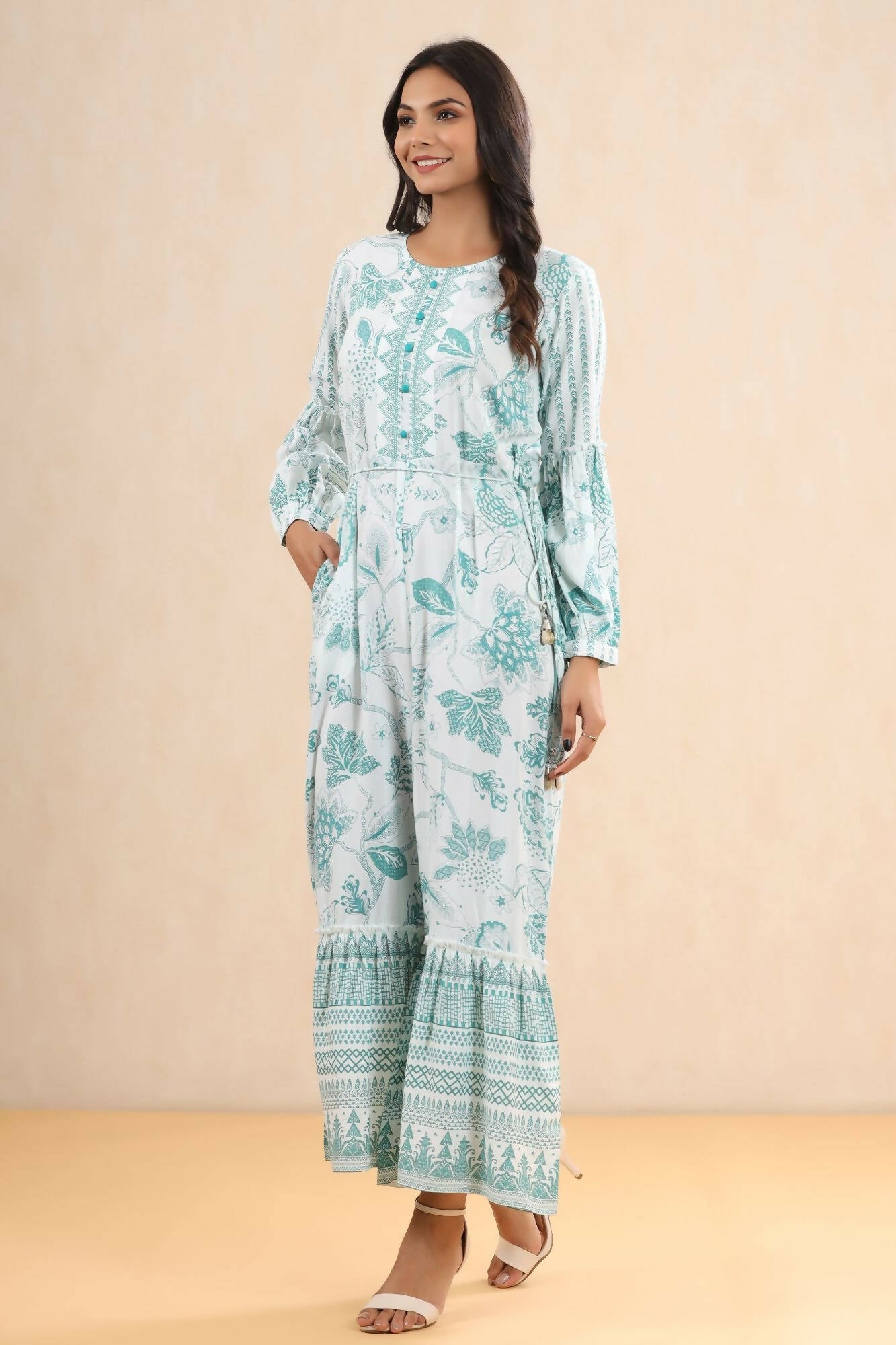 Juniper Women Teal Rayon Printed Straight Jumpsuit