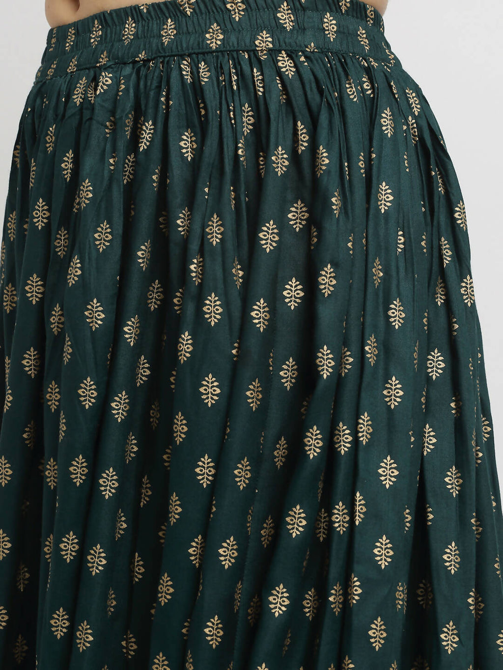 Rudra Bazaar Green Gold Printed Straight Kurta with Gold Printed Skirt & Dupatta