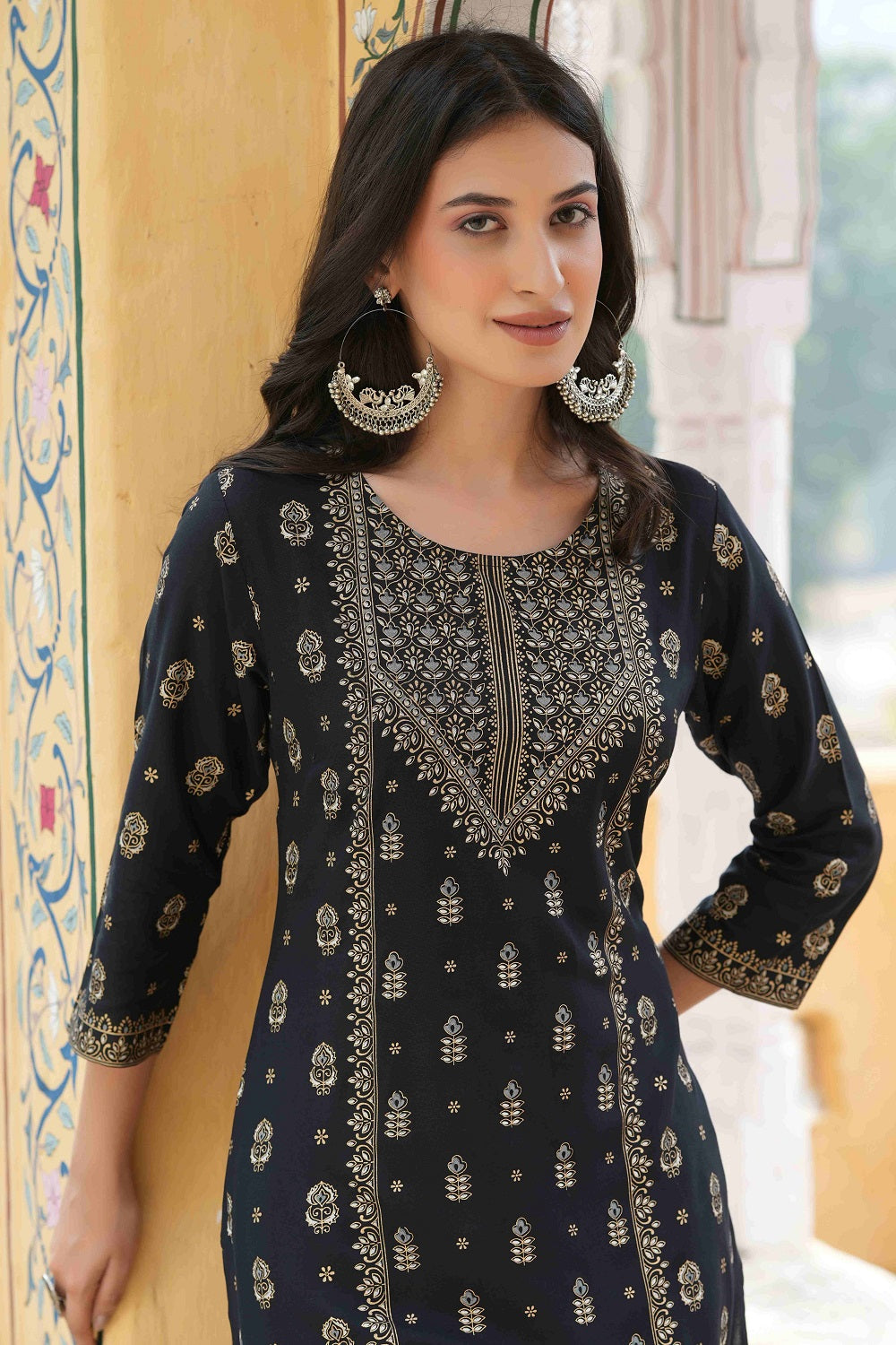 Juniper Black Rayon Festive Printed Straight Kurta For Women