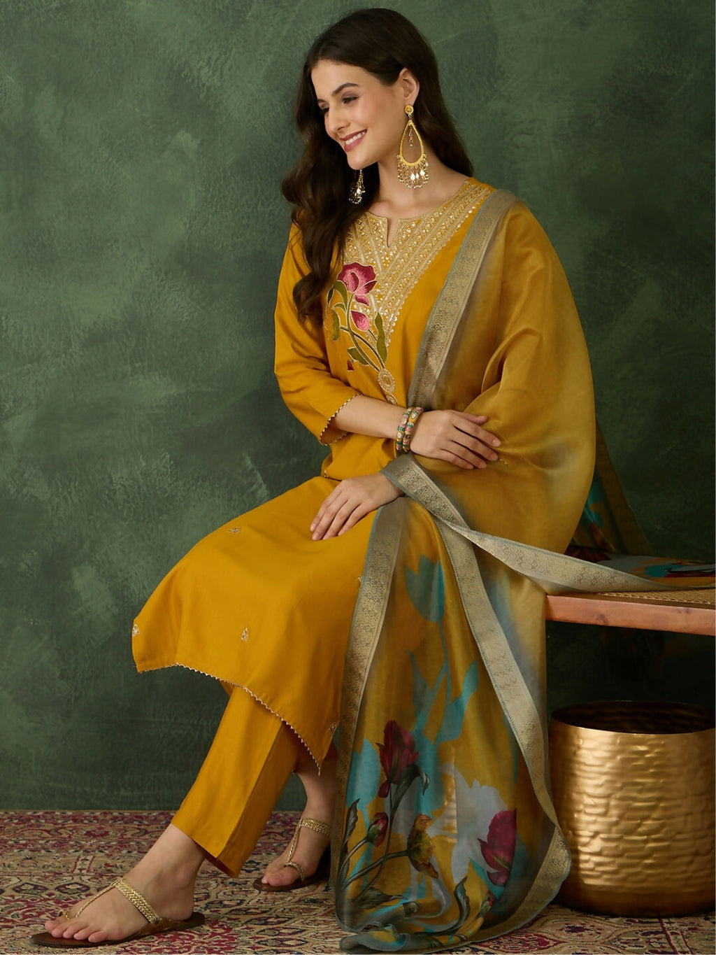 The52 Mustard Women's Beautiful Rayon Fabric Embroidered Work Straight Kurta, Pant and Dupatta Set