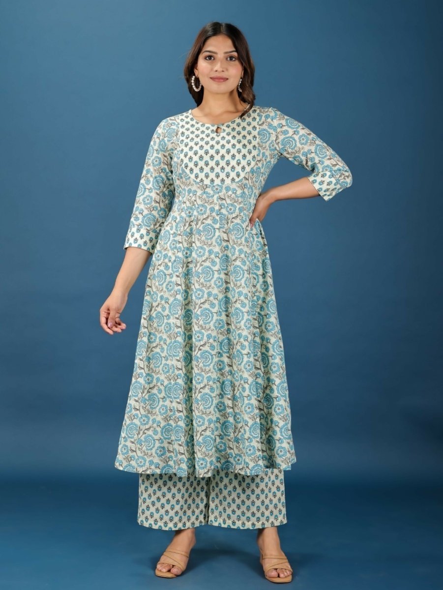 Aramya Anarkali Soft Cotton Floral Print Women's Kurta Set - Off White