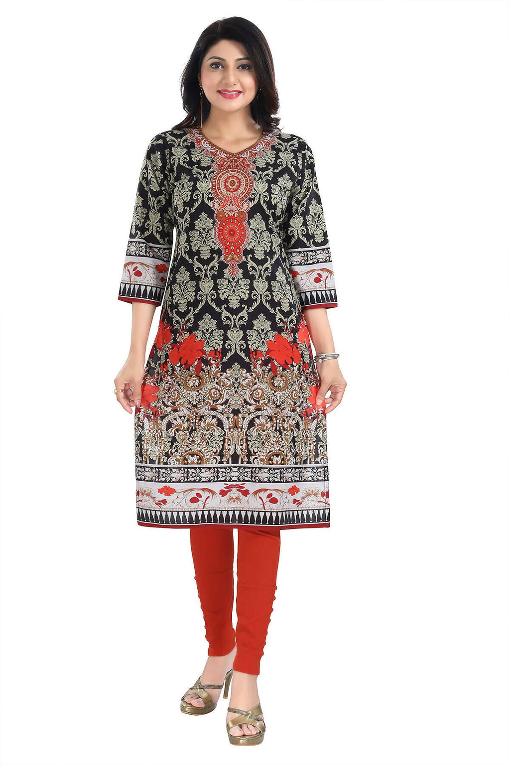 Snehal Creations Deep Black Designer Digital Print Cotton Slub Fabric Long Kurti Tunic