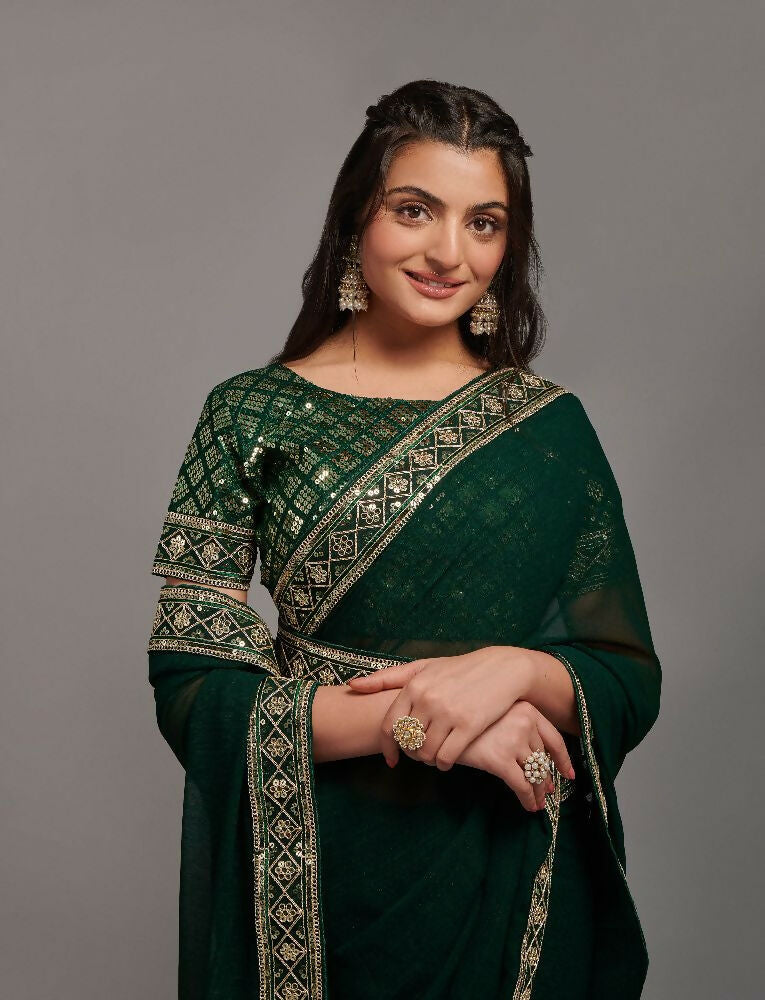 PR Fashion Green Zometo Embroidery Lace Saree