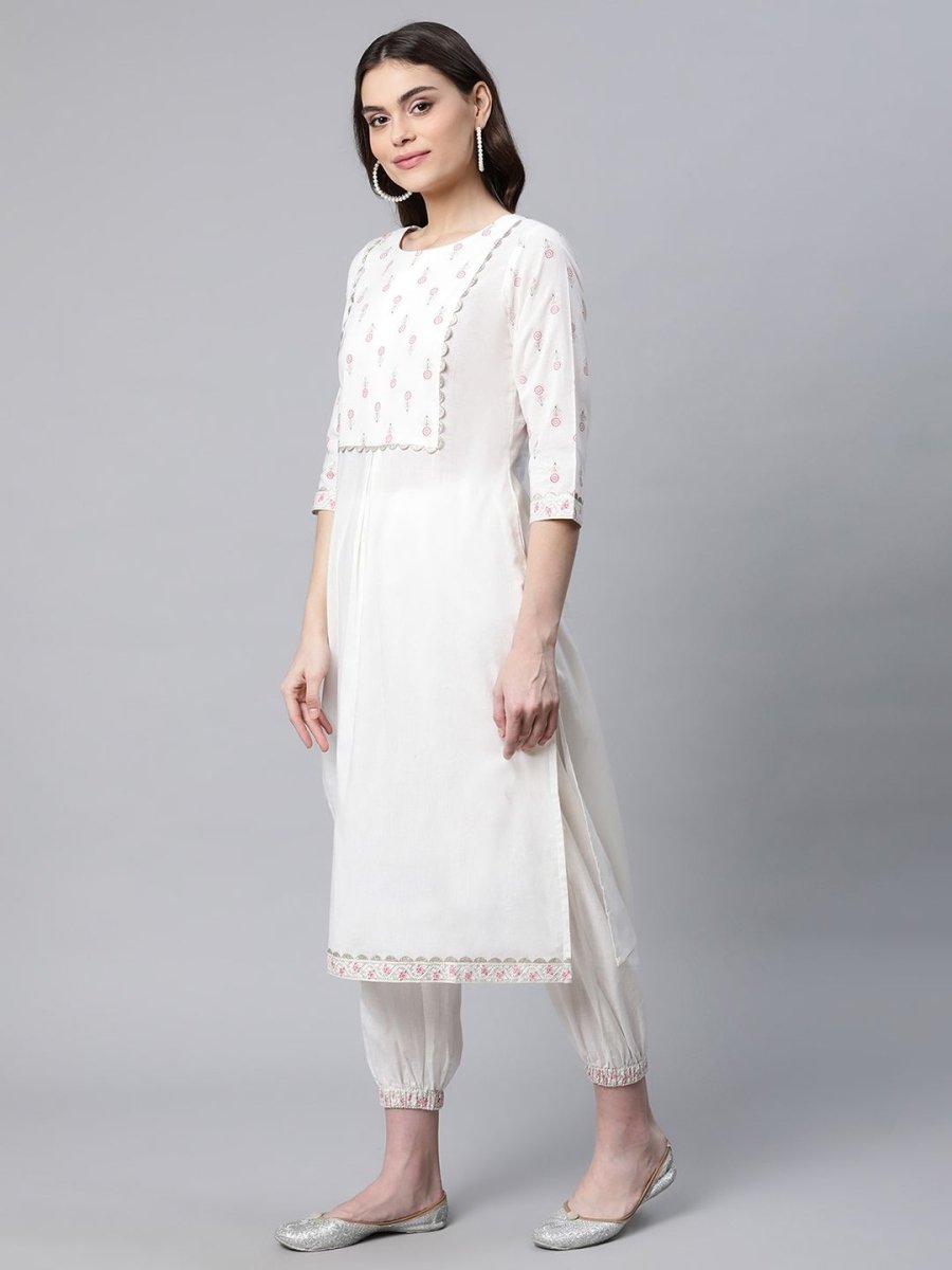 Ahalyaa Women Offwhite Pure Cotton Printed Floral Kurta With Trousers