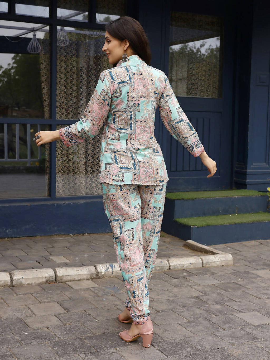 Pink & Blue Rayon Paisley Printed Top with Matching Bottom - Eesha