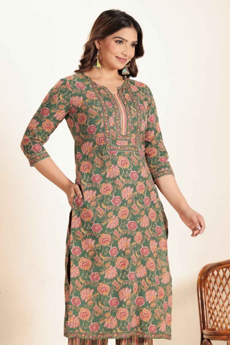 Aramya Green Kantha Cotton Floral Straight Kurta for Women