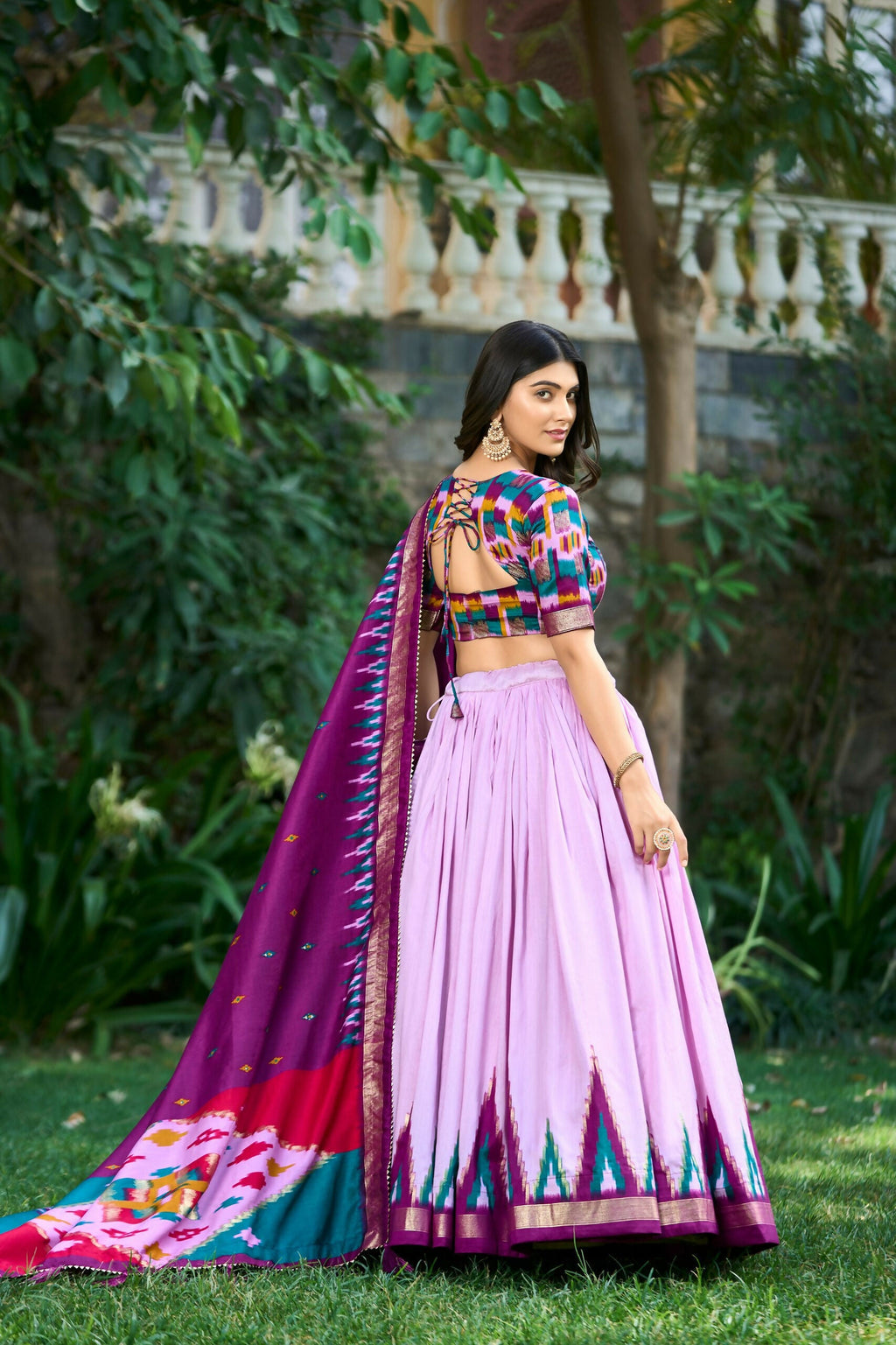 Vastranavya Printed and Foil Work Tussar Silk Lehenga with Unstitched Blouse - Lavender