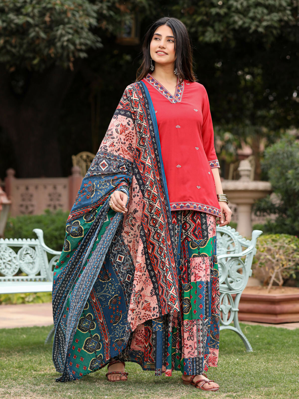Juniper Women's Rust Thered Embroidered Rayon Kurta Sharara & Voile Dupatta Set