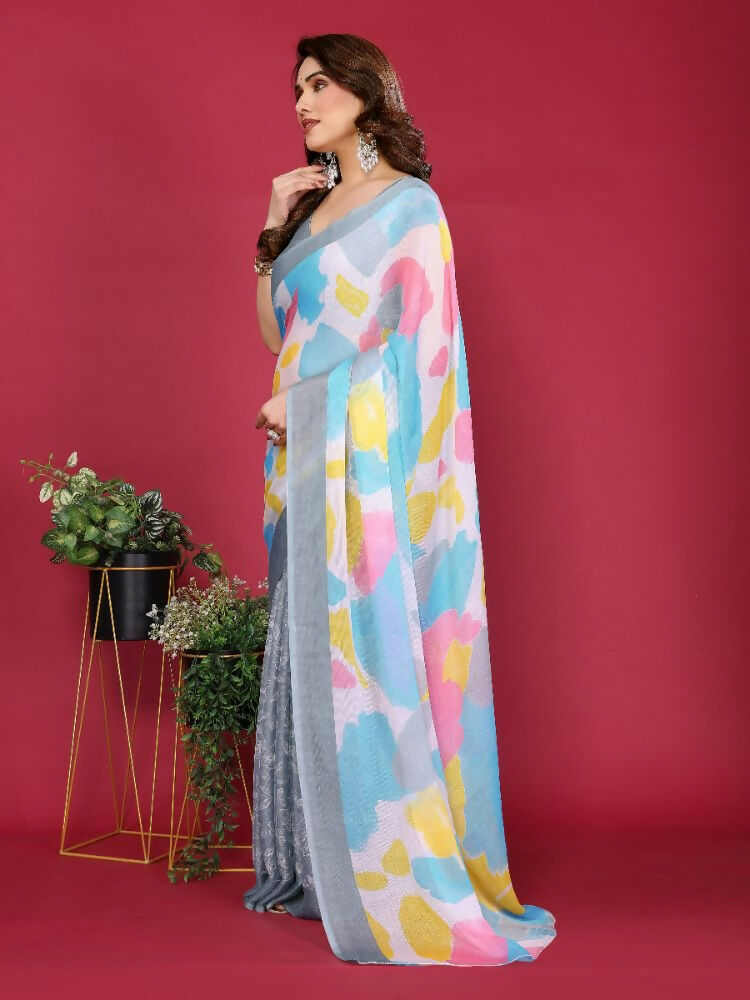 PR Fashion Grey Moss Chiffon Printed Saree