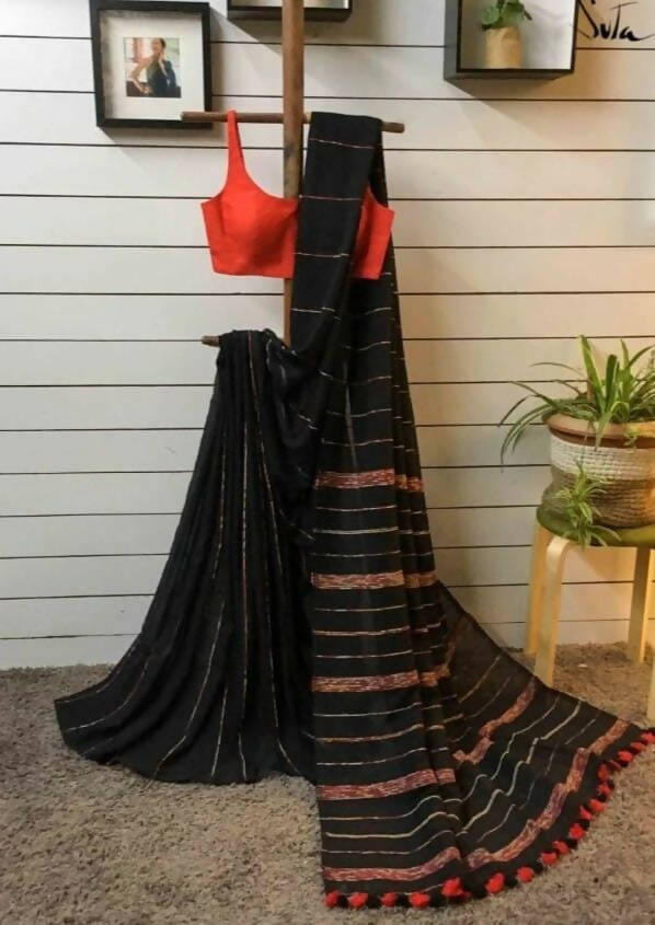 Exclusive Collection Khadi Cotton Handloom Khesh Saree With Blouse Piece - Black