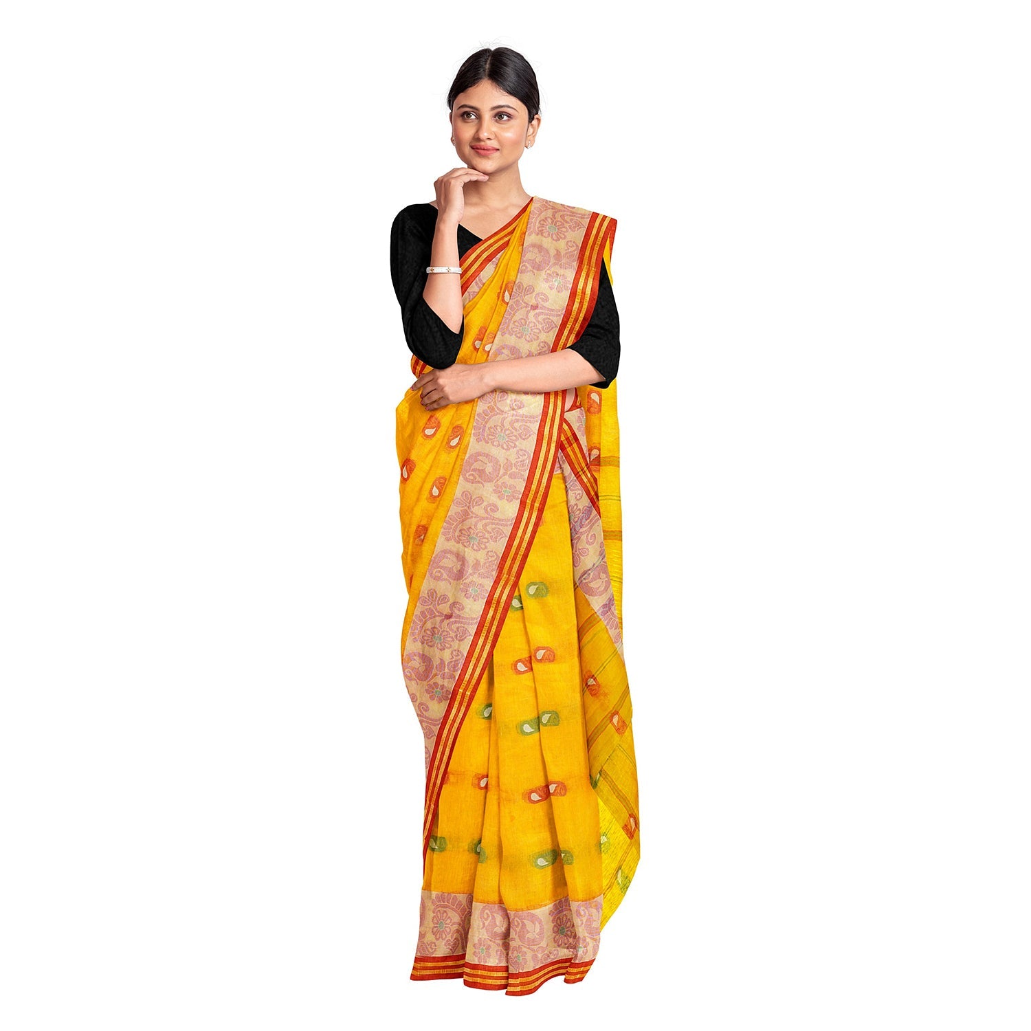 Exclusive Collection 100% Pure Cotton Yellow Tant Saree With Hand Weaving Work