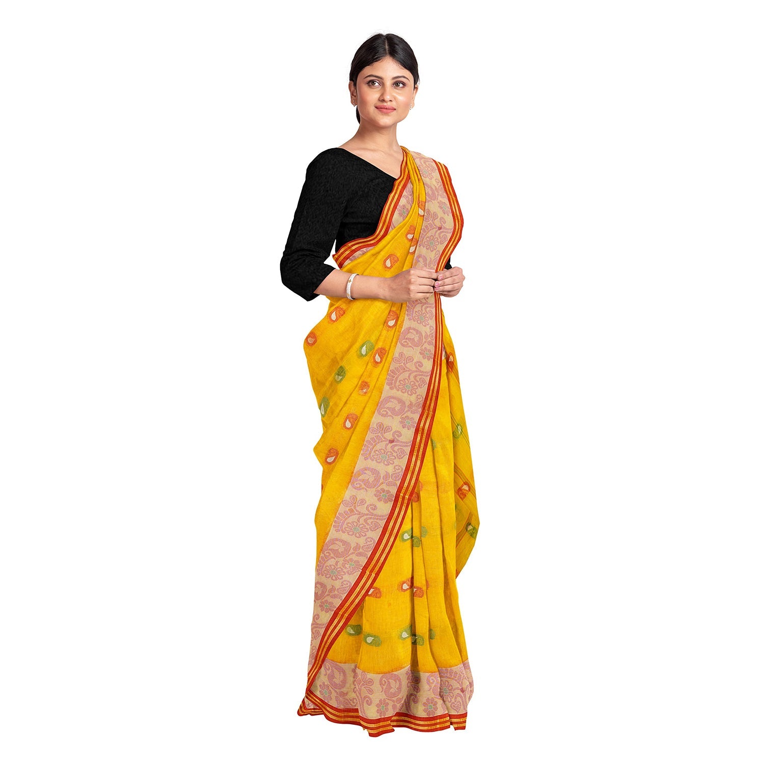 Exclusive Collection 100% Pure Cotton Yellow Tant Saree With Hand Weaving Work