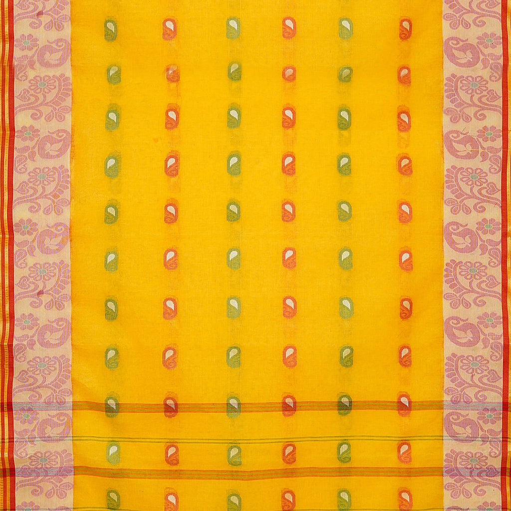 Exclusive Collection 100% Pure Cotton Yellow Tant Saree With Hand Weaving Work