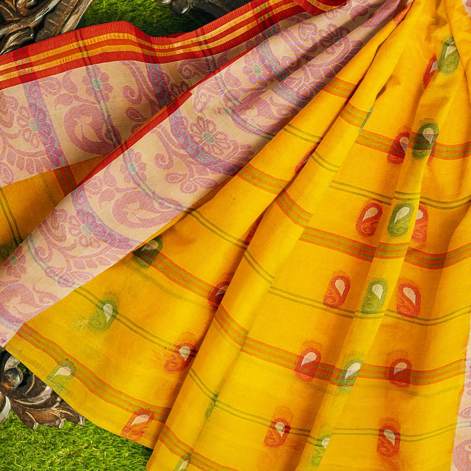 Exclusive Collection 100% Pure Cotton Yellow Tant Saree With Hand Weaving Work