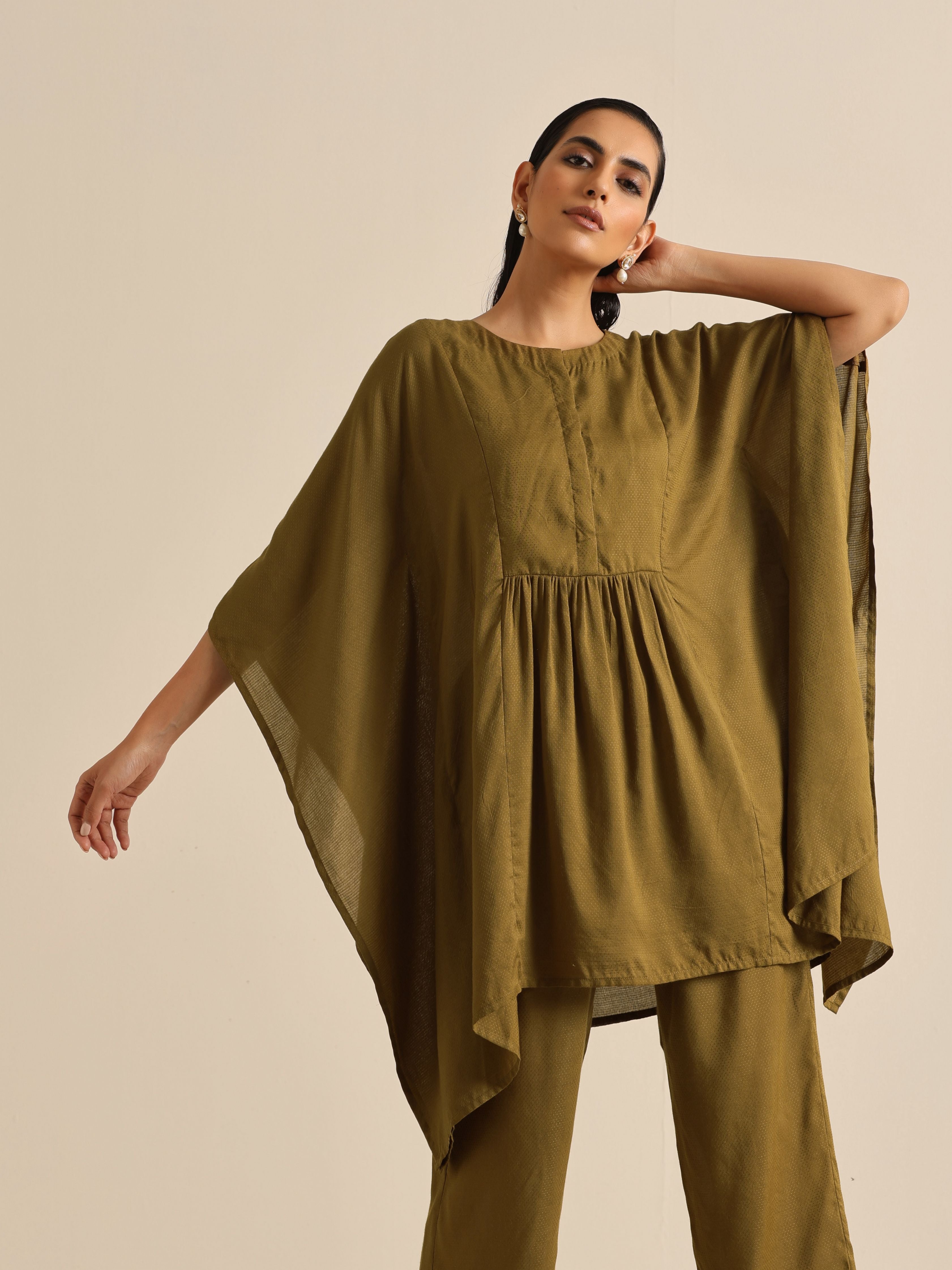 trueBrowns Olive Green Texture Doddy Kaftan Gathered Co-Ord Set