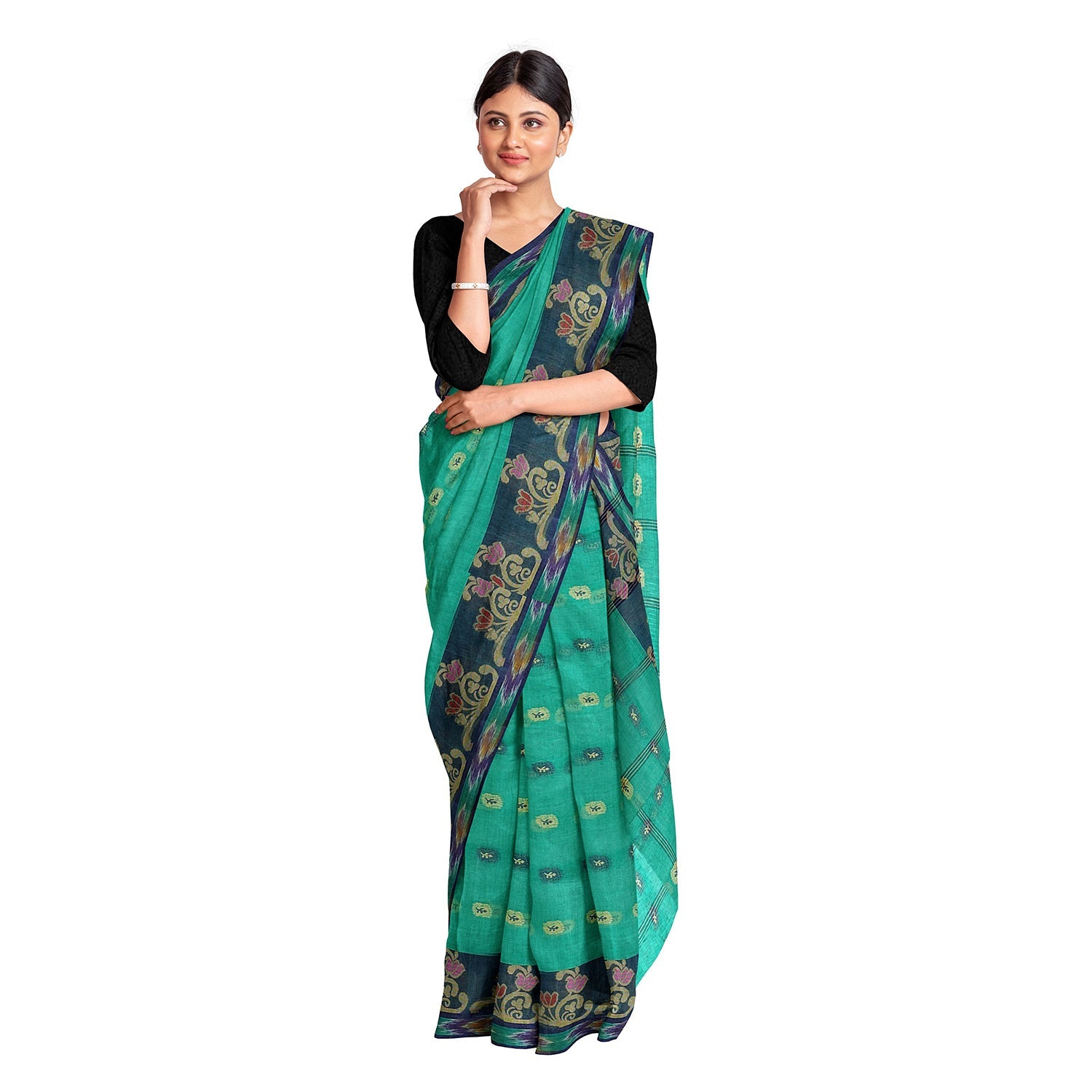 Exclusive Collection 100% Pure Cotton Green Tant Saree With Hand Weaving Work