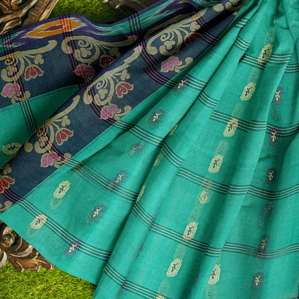 Exclusive Collection 100% Pure Cotton Green Tant Saree With Hand Weaving Work