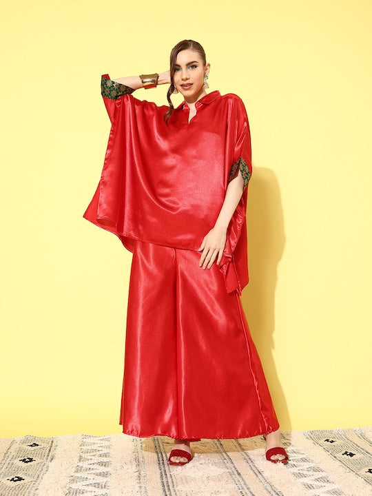 InWeave Women's Red Green Brocade Satin Boho Kurta Palazzo Set
