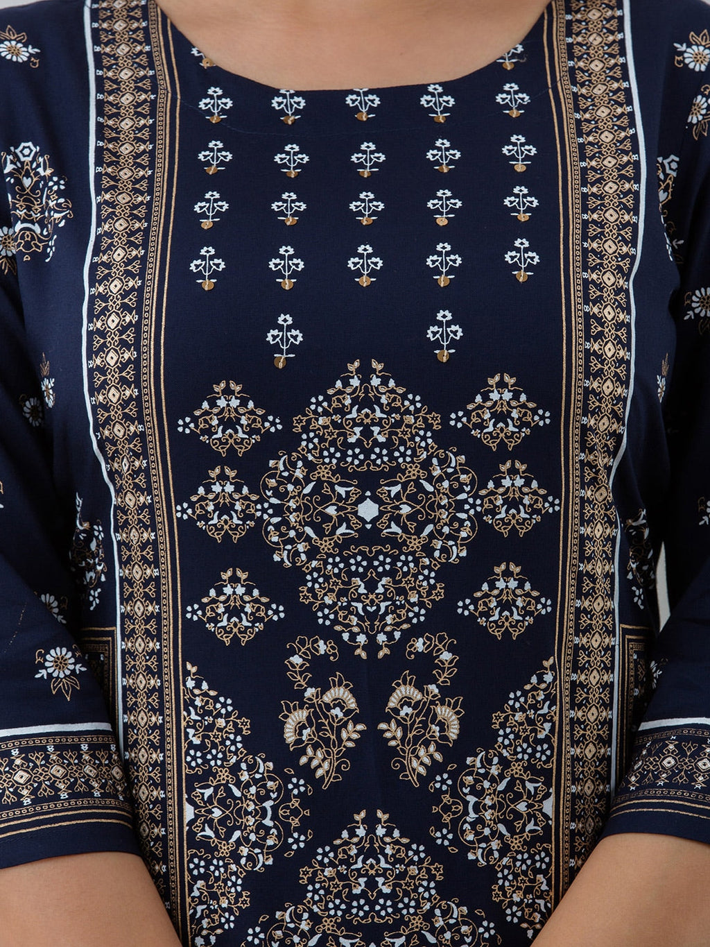 HERE&NOW Navy Blue Ethnic Motifs Printed Kurta with Trousers