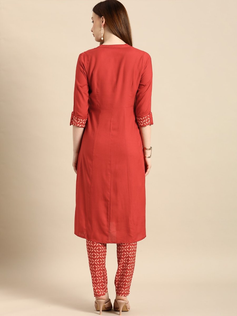 All About You Women Red & Cream Printed Kurta with Trousers