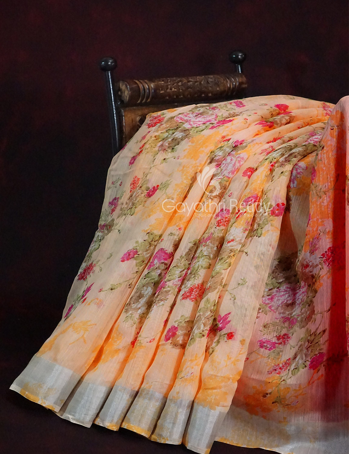 Shades of Baby Orange With Dark Orange Blouse Floral Design Semi Chanderi Saree By Gayathri Reddy Designer Studio